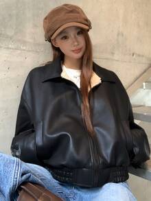 DAZY 春季新款磨損皮革短版外套 情人節女款休閒夾克 秋季外衣 - 黑色 - 查看 4