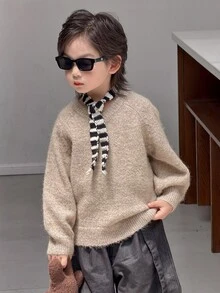 Dazy Kids Boys (Small) V-Neck Long Sleeve Casual Loose Thick Inner Layer Sweater, Autumn/Winter - Apricot - View 3