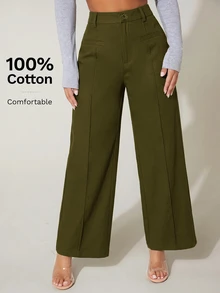 SHEIN PETITE 高腰寬腿夏季長褲 100%純棉 - 軍綠色 - 查看 7