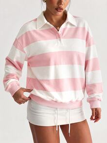 Dewbera Dewbera Color Block Striped Casual Sports Sweatshirt - Pink - View 6