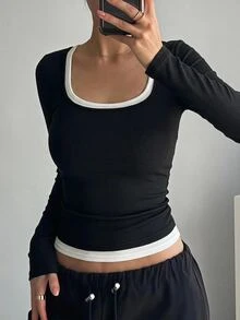 DAZY 女款夏季方領拼接撞色 2 合 1 性感休閒細肩帶背心上衣 - 黑與白 - 查看 5