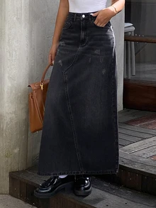 DAZY Women's Straight Long Casual Denim Skirt - Black - View 3