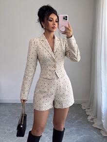 SHEIN Elenzya Women's Polka Dot Print Button Jacket And Shorts Suit Set - Apricot - View 3