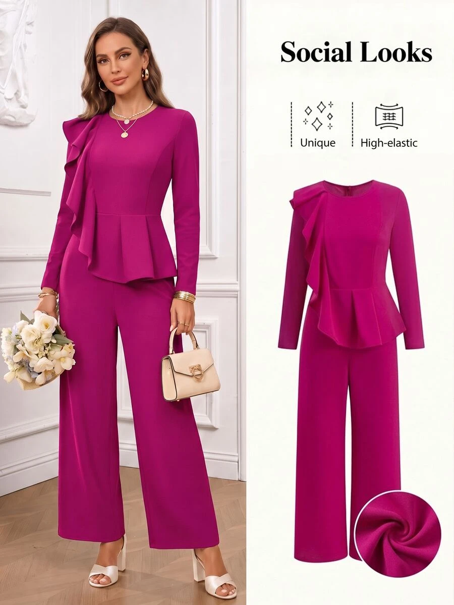 Ellevyn Women's Elegant Mature Commute Dinner Cocktail Party Night Dinner Party Solid Color Ruffle Trim Jumpsuit Wedding Magenta Autumn Wedding - Red Violet - View 1