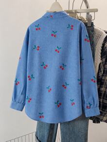 1pc Tween Girls Turn-Down Collar Long Sleeve Button-Down Cherry Pattern Blouse, Casual Top, Autumn - Blue - View 2