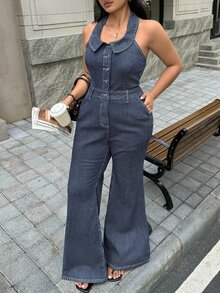 Rivivi Plus Size Women's Stretch Denim Striped Jumpsuit, High-Intellect Striped Design Jumpsuit, Cowboy Outfits For Women - Blue - View 4