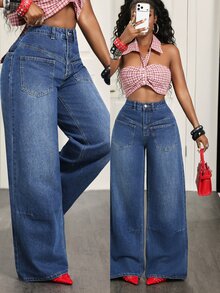 Slaydiva Women's Casual Versatile Daily Denim Straight Leg Pants With Pockets And Buttons - Dark Wash - View 8