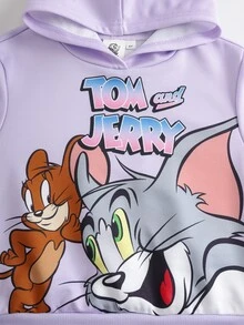 TOM & JERRY X SHEIN طقم هودي وبنطال رياضي بطبعة كرتونية للبنات الصغيرات - الأرجواني - مشاهدة 3
