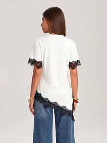 Firerie Women's Lace Patchwork Casual Versatile Daily Wear T-Shirt - Black and White - View 2