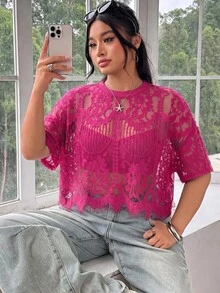 Solflare Plus Size Women's Sheer Lace Top In Rose Red - Hot Pink - View 6