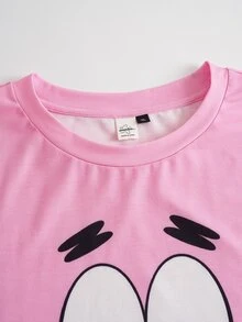 SpongeBob SquarePants | SHEIN Plus Size Women's Cartoon Print Short Sleeve Top And Shorts Casual Daily Home Sleepwear Set - Baby Pink - View 3