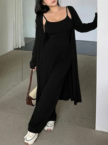 Dazy Plus Solid Color Fitted Camisole, Long Pants, Long Cardigan Casual Slouchy 3 Pieces Set - Black - View 5