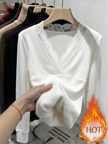 GlowEve Fall Clothes FOR WomenWomen's Gentle Versatile Lace Patchwork Long Sleeve T-Shirt - White - View 6