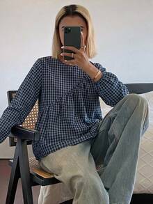 DAZY 女款純色寬鬆短袖圓領百褶休閒度假夏季襯衫上衣 - 藍色 - 查看 4