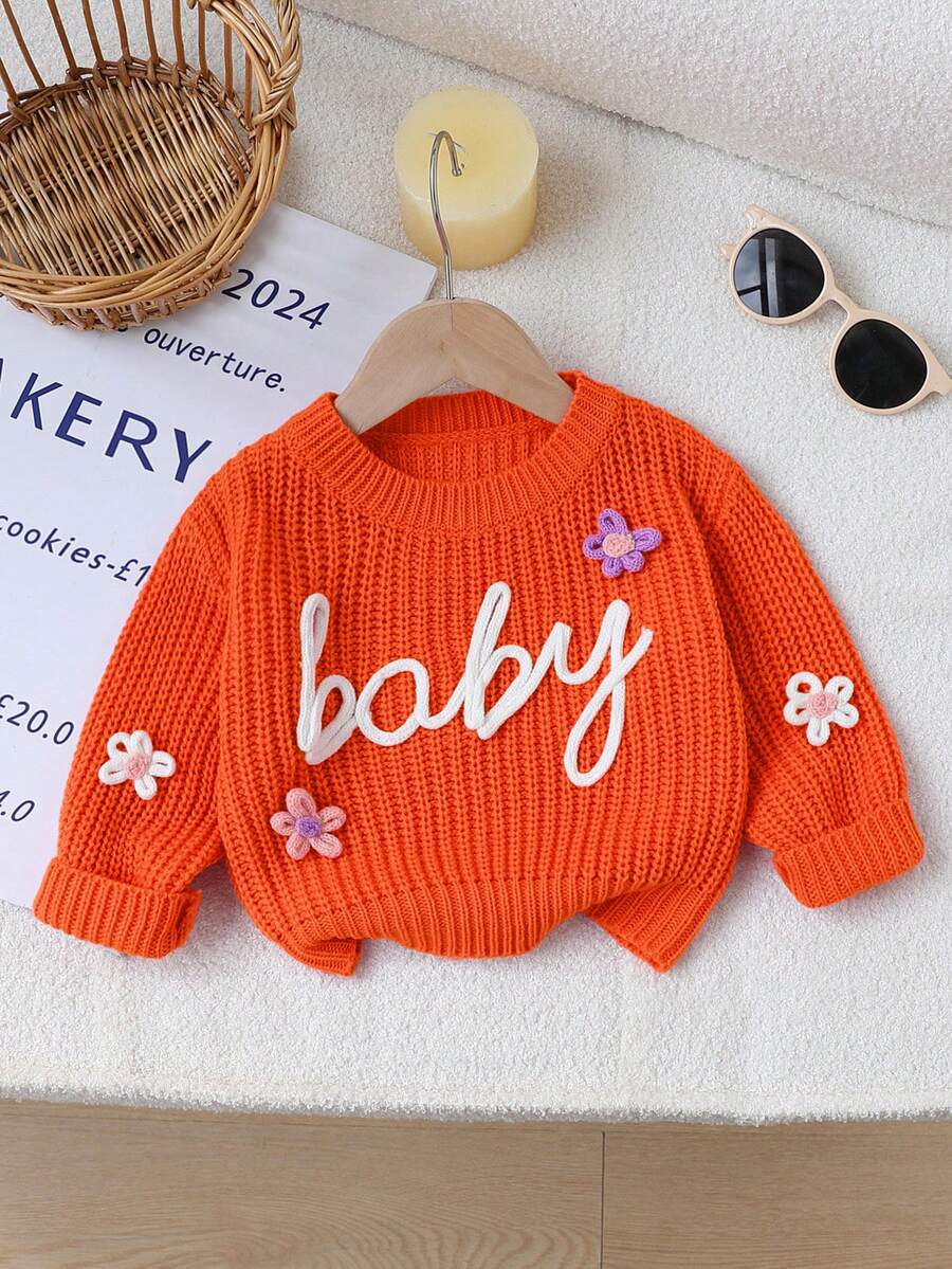 SHEIN 1件女嬰粉色圓領針織毛衣,繡有「Baby」字母與3D花朵裝飾,可愛清新極簡風,適中厚度,整齊下擺,緊口袖口,細緻紋理,觸感滑順,適合日常穿著、外出、居家、戶外玩耍,適用春秋季 - 橘色 - 查看 1
