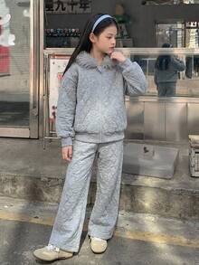 DAZY Set Pakaian Kasual Musim Gugur/Dingin untuk Anak Perempuan Remaja: Atasan Sweatshirt Lengan Panjang Berkerudung + Celana Panjang Lurus - Grey - View 3