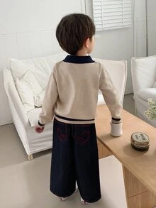 DAZY Boys' (Small) Contrast Color Polo Collar Long Sleeve Sweater Top, Autumn/Winter Layering - Apricot - View 4