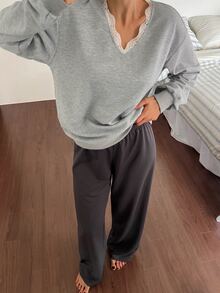 DAZY Women's Contrast Lace Long Sleeve Top And Long Pants Pajama Set - Grey - View 1