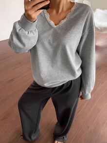 DAZY Women's Contrast Lace Long Sleeve Top And Long Pants Pajama Set - Grey - View 4