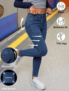 SHEIN Celana Jeans Skinny Denim Biru Stretch untuk Anak Perempuan - Medium Wash - View 2