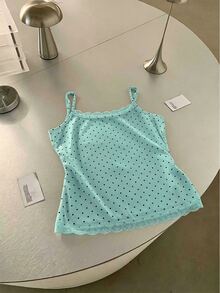 K-Vae 女款綠色波點蕾絲飾邊細肩帶背心上衣，甜美可愛修身夏季上衣，柔軟針織，韓系休閒百搭，街頭風，日常約會穿搭 - 薄荷藍 - 查看 4