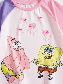 SpongeBob SquarePants | SHEIN Young Girl Colorblock Cartoon Print Short Sleeve T-Shirt - Mauve Purple - View 4
