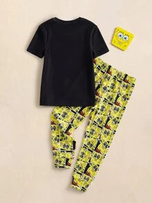 SpongeBob SquarePants | SHEIN Young Boy Cartoon Print Short Sleeve Top And Fitted Long Pants Loungewear Set - Black - View 2