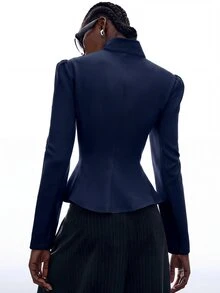 LYSMO 女款優雅時尚金屬扣長袖西裝外套，適合辦公室穿著 - 藍色 - 查看 2