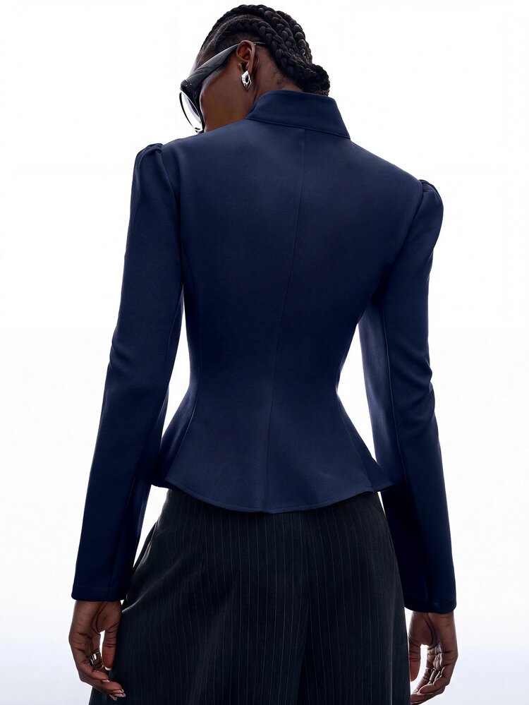 LYSMO Women's Elegant Fashion Metal Buckle Long Sleeve Blazer Jacket For Office - Blue - View 2