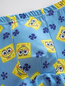 SpongeBob SquarePants | SHEIN مجموعة توب بدون أكمام وشورت مطبوعة برسومات كرتونية للأولاد الصغار - الأزرق - مشاهدة 6
