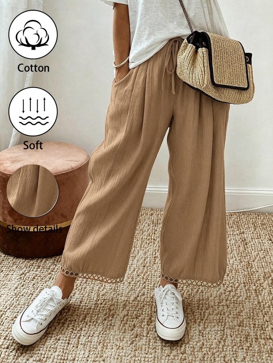 Holdful Holdful Celana Panjang Wanita Khaki Kasual Gaya Boho dari Linen untuk Acara Santai, Liburan, dan Musim Gugur - Coffee Brown - View 1