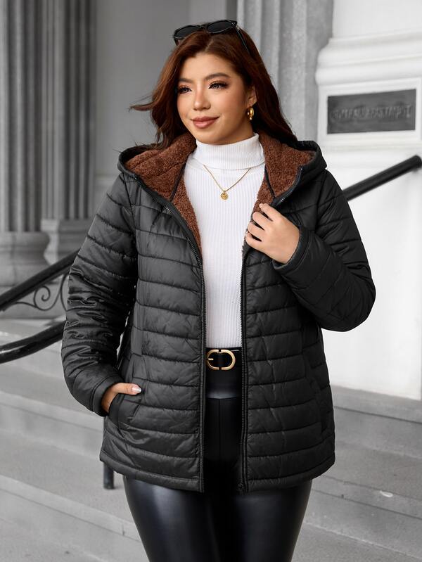 Reflora Veste d'hiver à capuche décontractée à manches longues avec fermeture éclair avant de couleur unie pour femmes grandes tailles