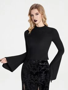 Breakform Women's Gothic Dark Style Half-High Neck Asymmetrical Flared Long Sleeve T-Shirt, Autumn/Winter Thick Ribbed Knit Slim Fit Flattering Versatile Base Layer T-Shirt - Black - View 6