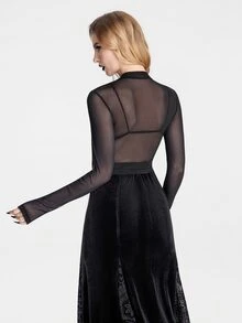 Breakform Gothic Women's Pleated Mesh Long Sleeve Mock Neck Sexy Elegant Fitted Top, Suitable For Concerts, Dates, Parties And Other Occasions - Black - View 2