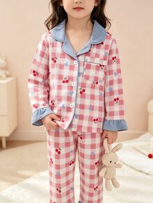 SHEIN 甜美風櫻桃與愛心印花女童幼兒睡衣套裝，長袖開襟衫與長褲 2 件組休閒舒適居家服 - 彩色 - 查看 6