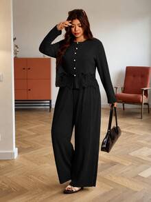Elaquor Plus Size Autumn Casual Solid Color Lace Patchwork Top And Pants 2 Pieces Set Winter - Black - View 7