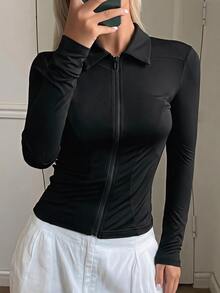DAZY 女款領口長袖修身休閒防曬薄款底層外套 - 黑色 - 查看 2