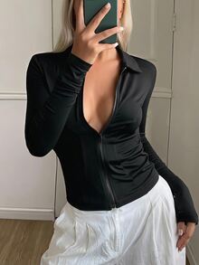 DAZY 女款領口長袖修身休閒防曬薄款底層外套 - 黑色 - 查看 4