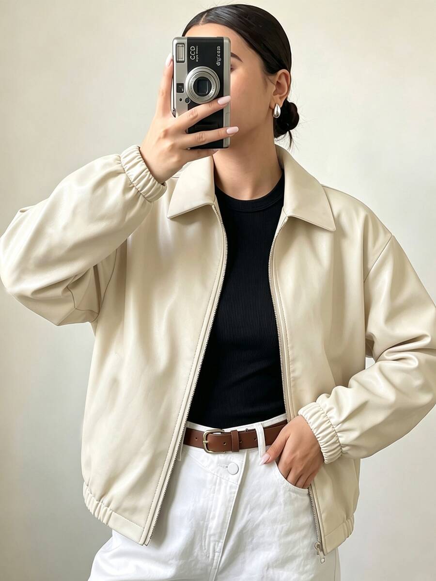 SHEIN 青少年女孩街頭風純色PU皮革寬鬆夾克,返校秋季款 - 杏色 - 查看 1