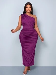 SOLERSUN Plus Size Asymmetrical Shoulder Draped Cape Sleeve Fitted Long Dress With Side Ruched High Slit Middle Eastern Evening Party Elegant Purple - Purple - View 7
