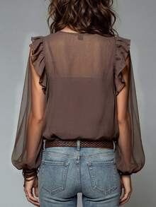 LUMIGAL Women's French Vintage 70s Vacation Style Floral Print Long Sleeve Top With Ruffle Trim, Light Brown, Suitable For Summer & Early Fall Getaways - Brown - View 3