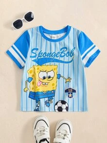 SpongeBob SquarePants | SHEIN Young Boy Letter Cartoon Print Casual Versatile Daily Short Sleeve T-Shirt - Blue - View 1