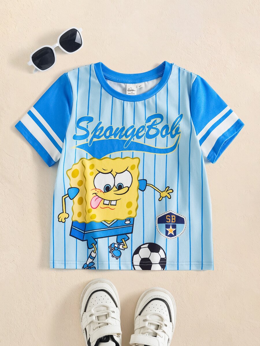 SpongeBob SquarePants | SHEIN Young Boy Letter Cartoon Print Casual Versatile Daily Short Sleeve T-Shirt - Blue - View 1