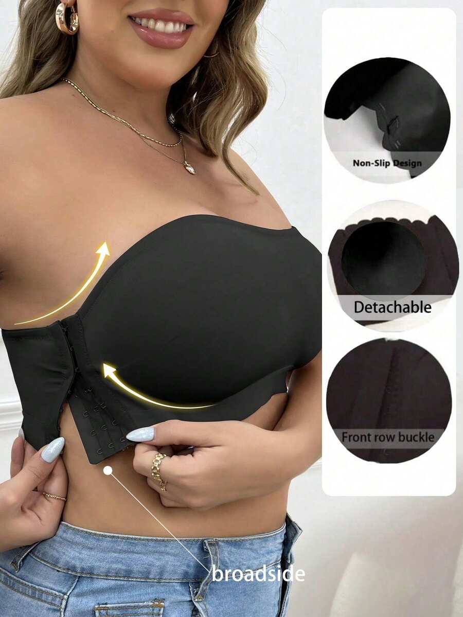 SHEIN Plus Size Bandeau Side-Closure Bra, 1pc - Black - View 1