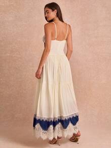 Enchnt Sweet Lace Patchwork Pleated Cami Dress - Navy Blue - View 6