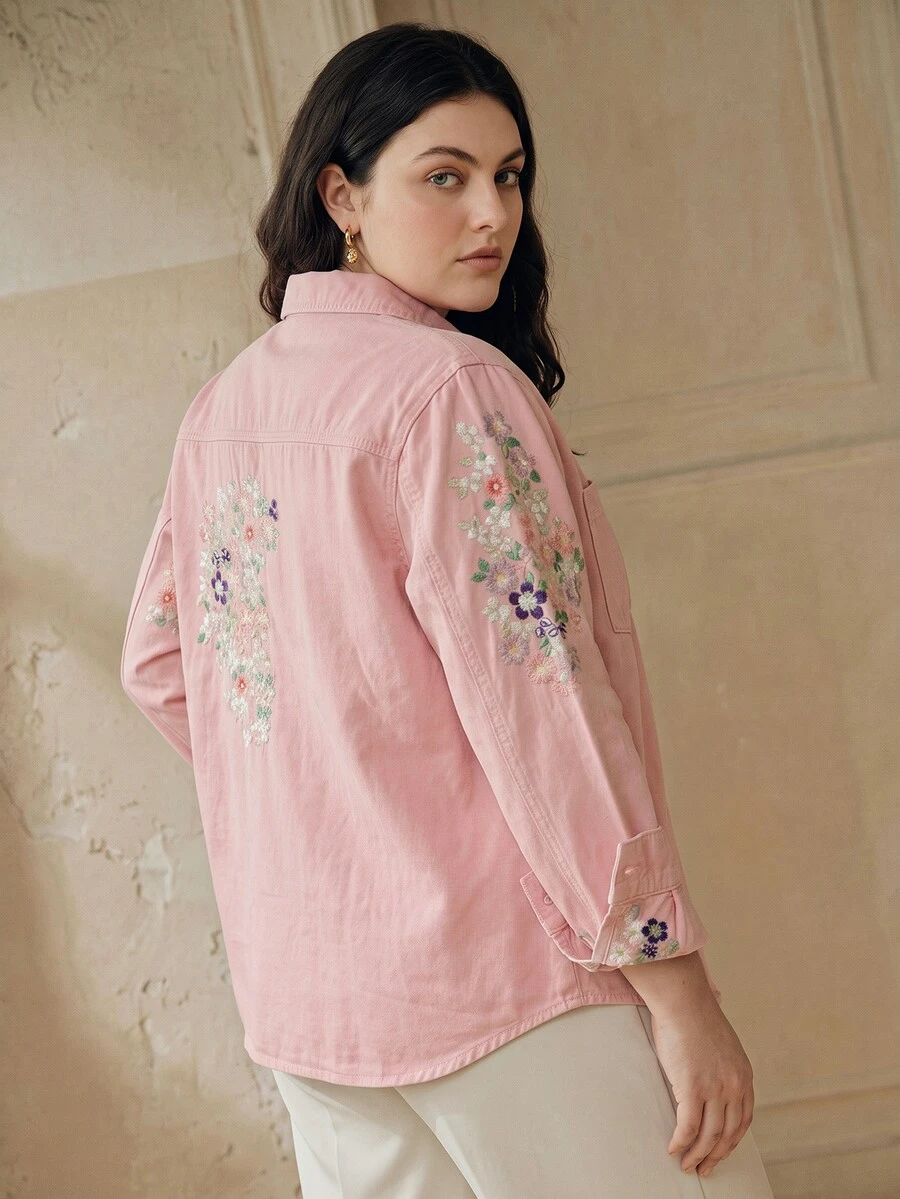 Anewsta Women's Plus Size New Fashion Exquisite Heavy Embroidery Pink Denim Top For Brunch Formal/Casual/Traditional Fall - Pink - View 1