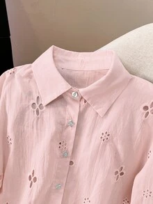INAWLY 大尺碼女款純色鏤空刺繡單排扣休閒襯衫 - 粉色 - 查看 4