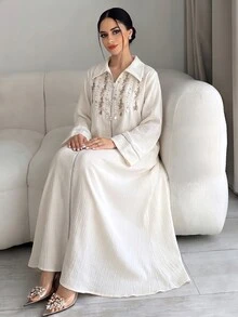 Al Najma Women's Floral Embroidered Beaded Decor Arabian Dress - Apricot - View 4