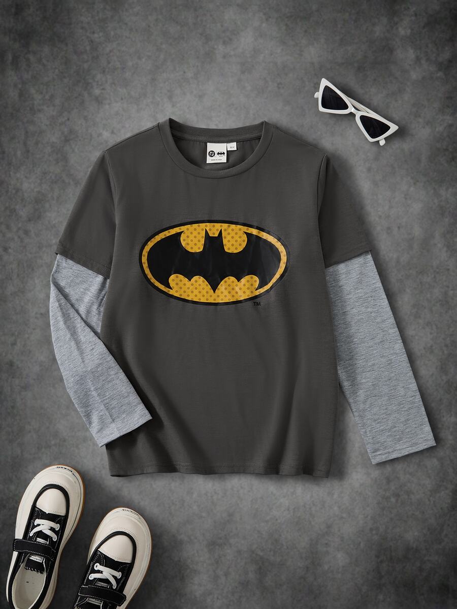 BATMAN X SHEIN Tween Boy Cartoon Graphic Print Patchwork Long Sleeve Casual T-Shirt - Multicolor - View 1