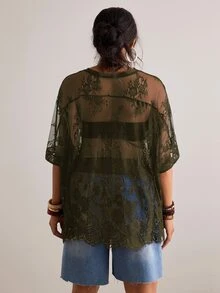 Freevana 大尺碼女款透視蕾絲襯衫，百搭嘉年華派對海灘穿搭 - 軍綠色 - 查看 2